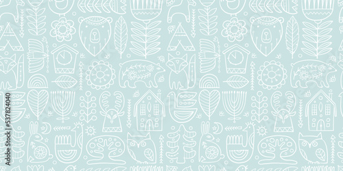 Nordic Ornament. Forest Animals, Folk Background. Seamless pattern for your design