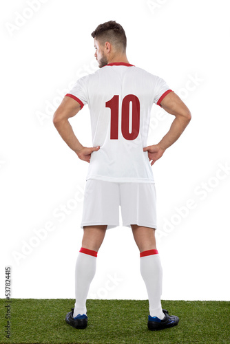 Soccer player from behind with the uniform of his country.