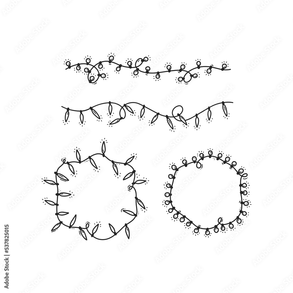 Black outline set of hand drawn Xmas garland, ligths and decorations. Winter holidays design elements. Doodle vector illustration isolated on white background.