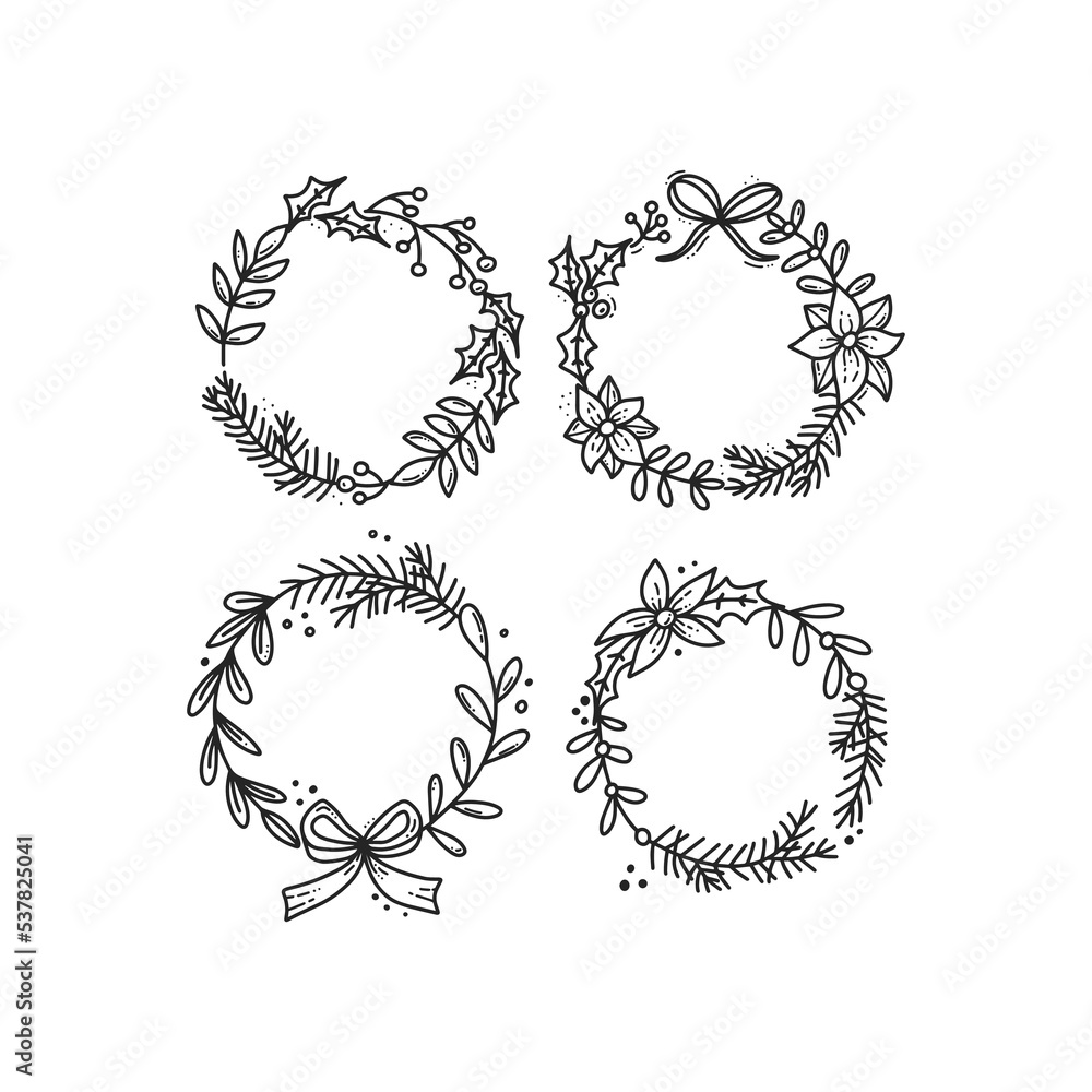 Fototapeta premium Black outline collection of hand drawn Xmas wreath, gift bow, holly flower, lettering quote and decorations. Winter holidays design elements. Doodle vector illustration on white background. Line art.