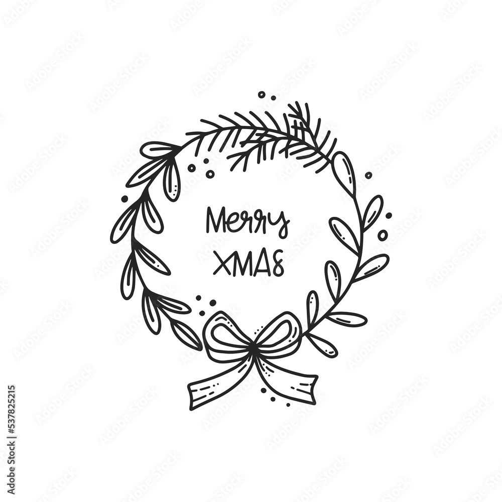Hand drawn black outline composition of Christmas greeting card with Xmas wreath, gift bow, lettering quote and decorations. Doodle vector winter illustration. New Year. Line art.