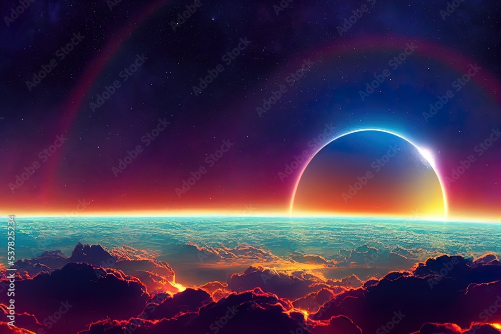 Beautiful exoplanet, colorful illustration of planet and star in open space, sci fi background 3d rendering, virtual fantasy telescope hires, rainbow color series cosmos images Beautiful exoplanet, colorful illustration of planet and star in open space, sci fi background 3d rendering, virtual fantasy telescope hires, rainbow color series cosmos images