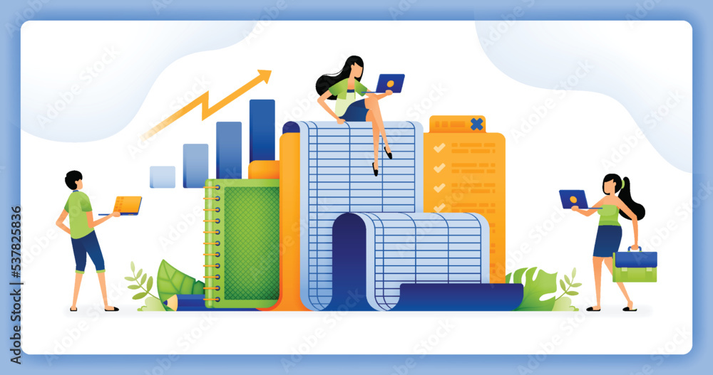 illustration of managing a company financial archive folder to be processed on spreadsheet and presented at company meeting. design can be used for landing page, startup apps, web page, ads