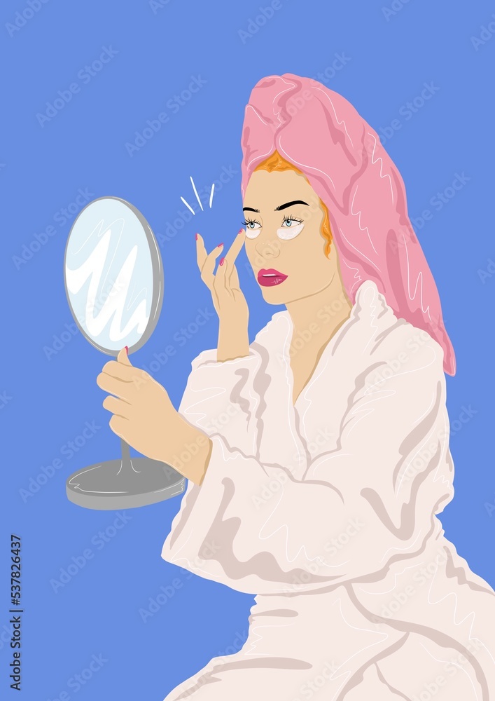 Naklejka premium Woman in robe applying an eye mask in a mirror
