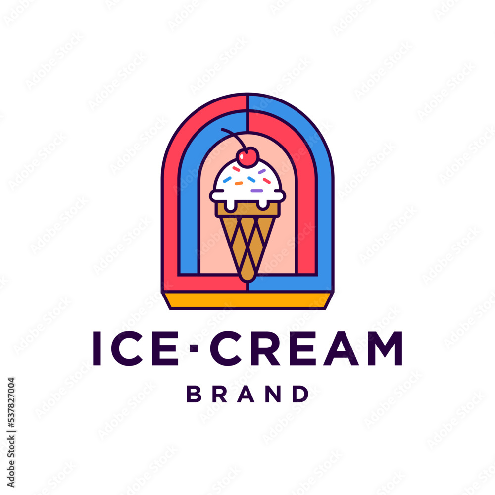 Ice cream gelato premium logo. Italian ice cream emblem. Ice cream in a waffle cone with colorful arch windows Ice cream gelato premium logo. Italian ice cream emblem. Ice cream in a waffle cone with colorful arch windows