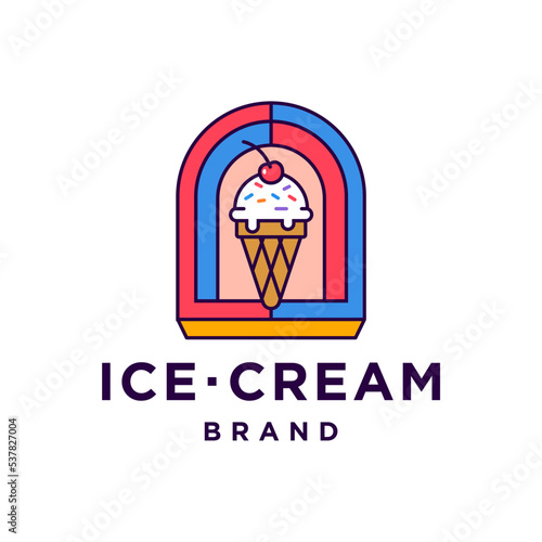 Ice cream gelato premium logo.  Italian ice cream emblem. Ice cream in a waffle cone with colorful arch windows