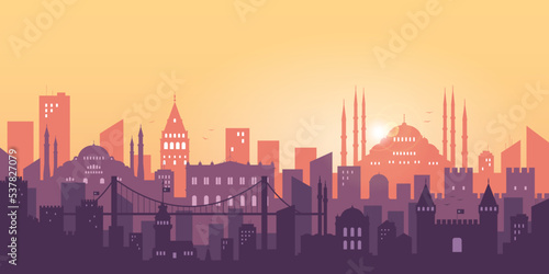 Istanbul Turkey concept. Silhouette of the city of Istanbul at sunset. Travel concept. Template. Illustration.