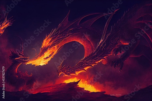 Fire breathes explode from a giant dragon on a heroic medieval knight on a horse in a black night, the epic battle between good and evil concept art 3D rendering