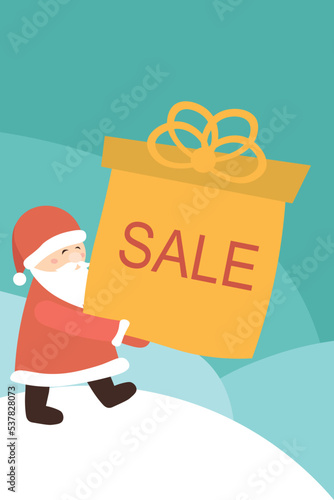 Santa Claus with a big gift. in the snow. Blue background. New Year's Sale.
