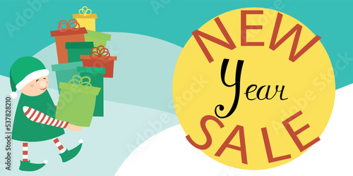 A Christmas elf in a green coat with gifts. New Year's Sale. Horizontal banner, leaflet. Advertising design.