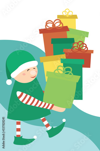 A Christmas elf in a green coat with gifts. New Year's Sale. Vertical banner, leaflet. Advertising design.