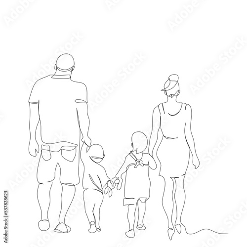 Back side of happy family are walking together in single line drawing style.Young dad holding child and beautiful mother holding daughter Vector illustration flat continue line design for family’s day