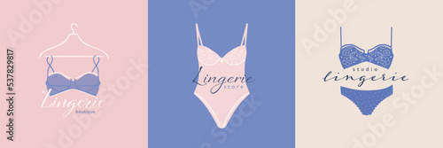 Female logos for lingerie or clothes. Lady lace bra, bikini, bodysuit. Vector flat simple design template logos or emblems. 