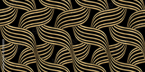 Wallpaper Mural Seamless golden retro woven wavy stripe pattern. Vintage abstract gold plated relief sculpture on black background. Modern elegant metallic luxury backdrop. Maximalist gilded wallpaper 3D rendering. Torontodigital.ca