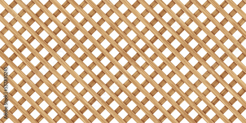 Seamless diamond grid wood lattice texture isolated on transparent background. Tileable light brown redwood, pine or oak trellis of woven diagonal boards. Wooden fence planks pattern 3D rendering. photo