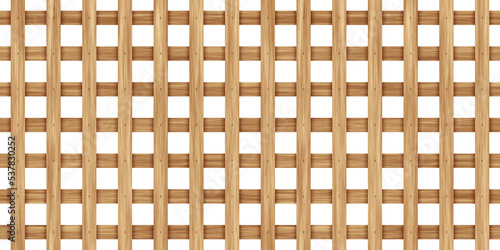 Seamless square grid wood lattice texture isolated on transparent background. Tileable light brown redwood, pine or oak trellis of woven crosshatch boards. Wooden fence planks pattern 3D rendering.. photo