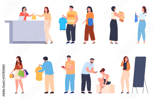 Shopping in a clothing store. Women and men shop and try on clothes and shoes. Vector illustration