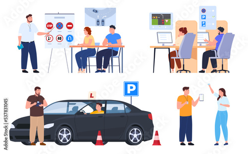 School of drivers. Teaching traffic rules and safe driving. Vector illustration