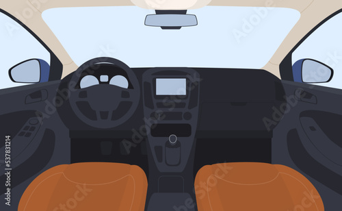 Interior of the car from the middle. Modern comfortable car interior with dashboard and driver seats. Vector illustration