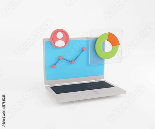 3D laptop illustration with chart for business. 3D statistic analysis.