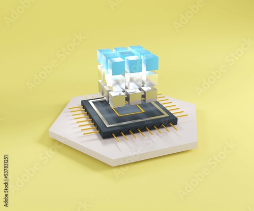 CPU 3D illustration on yellow background. Futuristic microchip processor with lights for hardware engeneering.