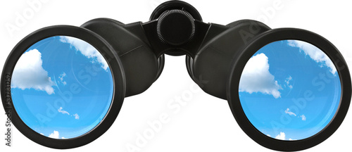 Close up of black binocular with sky in glasses isolated on white photo