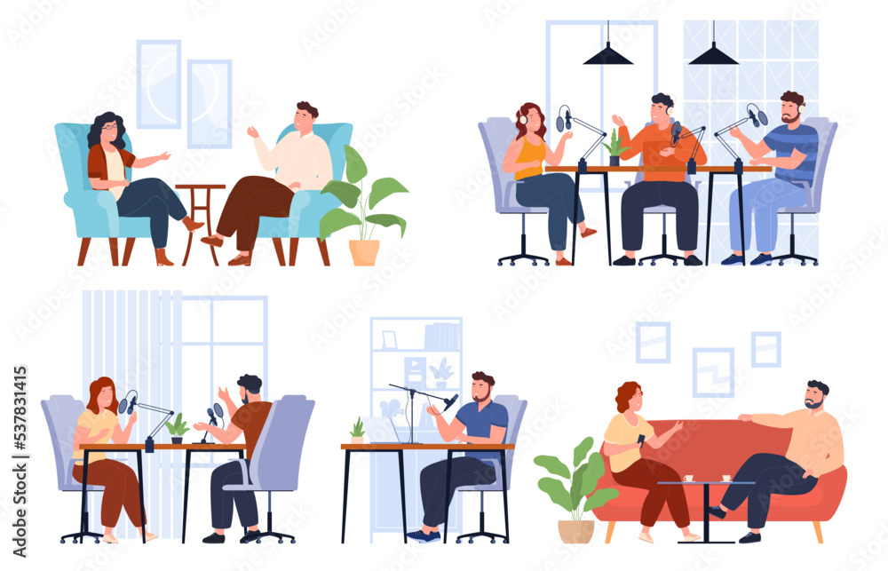 Bloggers host podcasts. The presenters are interviewing. People in microphones in public discuss various topics. Vector illustration Bloggers host podcasts. The presenters are interviewing. People in microphones in public discuss various topics. Vector illustration