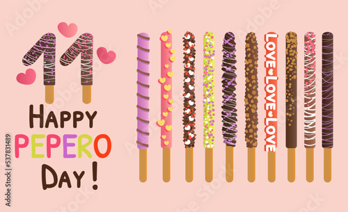 Happy pepero day set. Assorted chocolate dipped pepero sticks collection. Biscuits with different flavors and toppings. Celebration card with hearts. Vector illustration