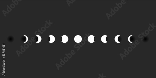 Moon phases sphere shadow cycle astronomy icon set. Vector Illustration black background