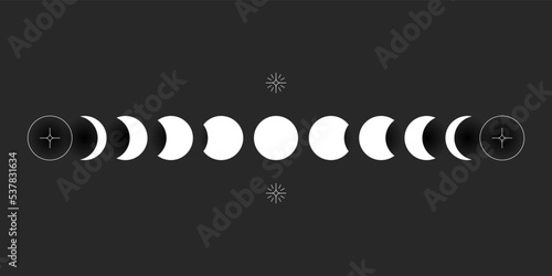 Moon phases sphere shadow cycle astronomy icon set. Vector Illustration black background