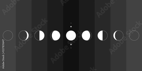 Moon phases sphere shadow cycle astronomy icon set. Vector Illustration black background