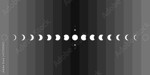 Moon phases sphere shadow cycle astronomy icon set. Vector Illustration black background