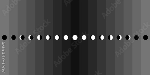 Moon phases sphere shadow cycle astronomy icon set. Vector Illustration black background