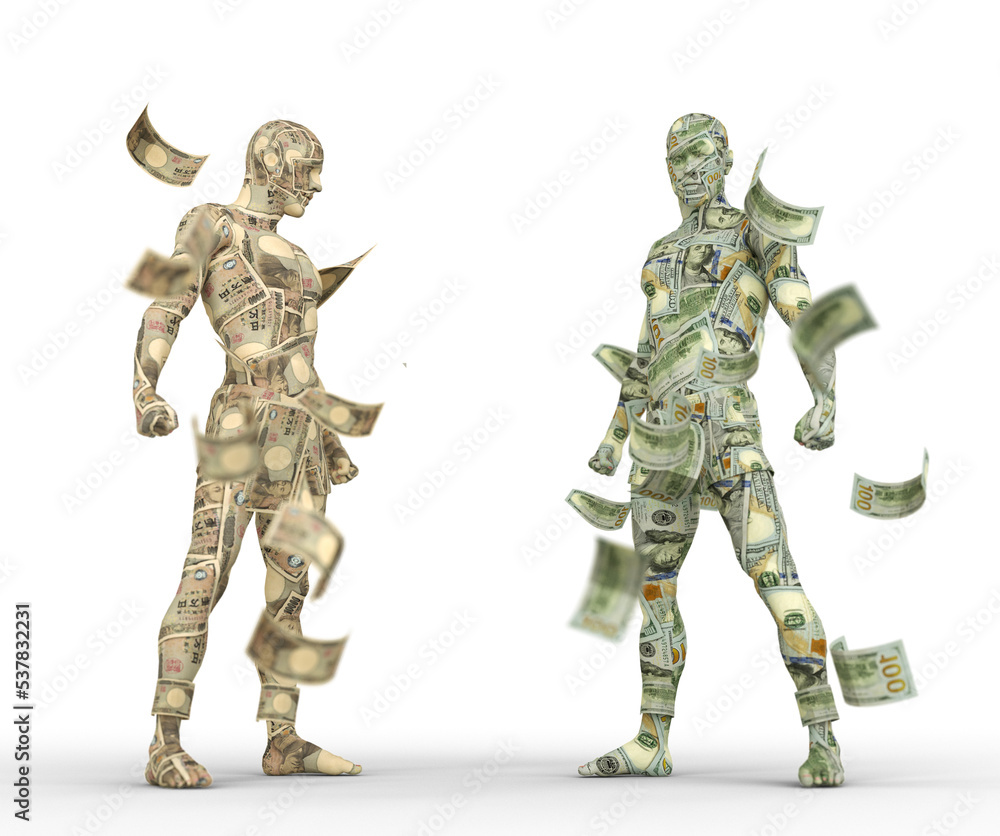 US Dollar vs Japanese yen, Forex trading, currency pairing, human characters made of money, 3d rendering US Dollar vs Japanese yen, Forex trading, currency pairing, human characters made of money, 3d rendering