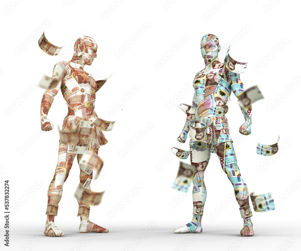 Ukrainian hryvnia vs Russian ruble, Forex trading, currency pairing, human characters made of money, 3d rendering Ukrainian hryvnia vs Russian ruble, Forex trading, currency pairing, human characters made of money, 3d rendering