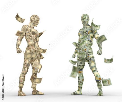 US Dollar vs Japanese yen, Forex trading, currency pairing, human characters made of money, 3d rendering