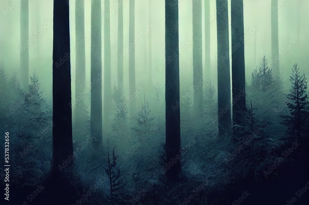 Obraz premium Dark Spooky foggy pine scary forest in Night.High quality illustration