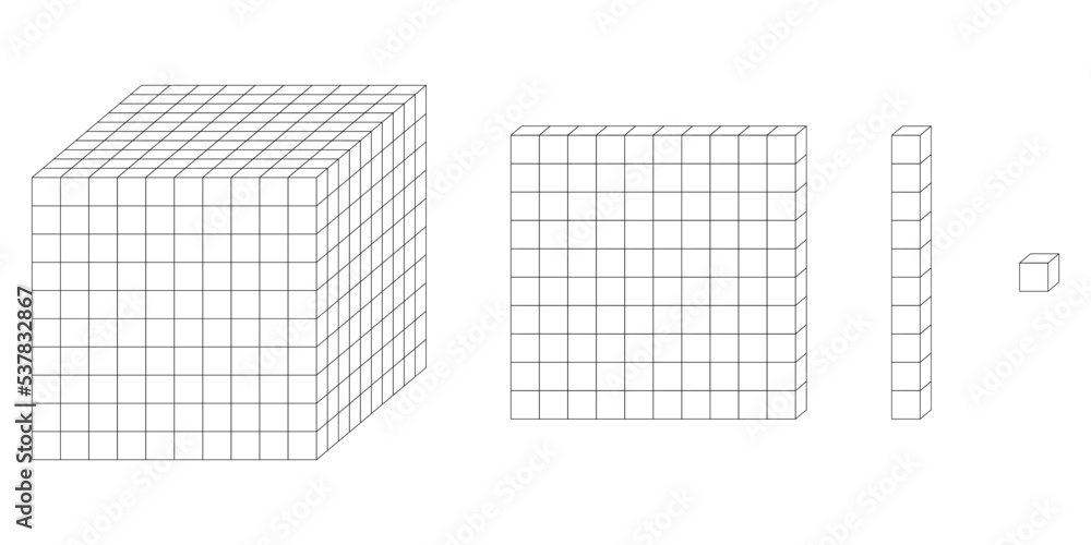 Place value base 10. Base ten blocks for kids preschool. Vector