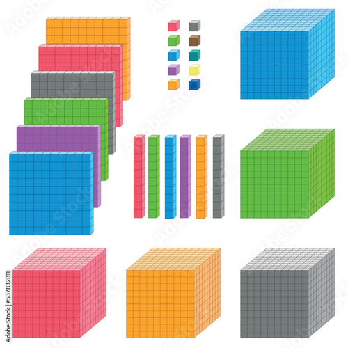 Base 10 blocks types. block, flat, rod and unit. Vector illustration isolated on white background
