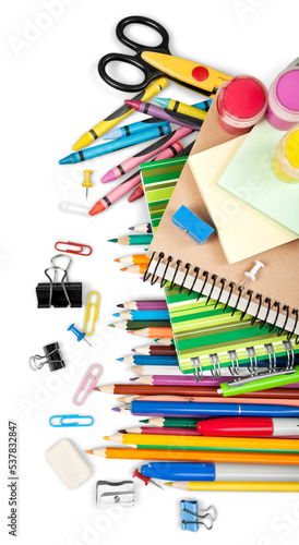 Assorted school supplies - isolated background
