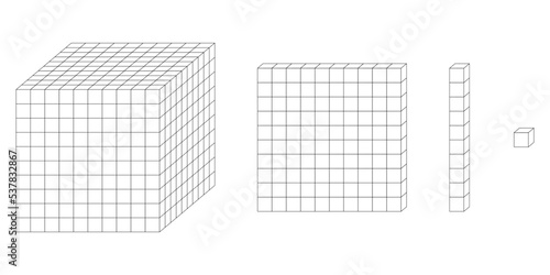 Place value base 10. Base ten blocks for kids preschool. Vector illustration isolated on white background.