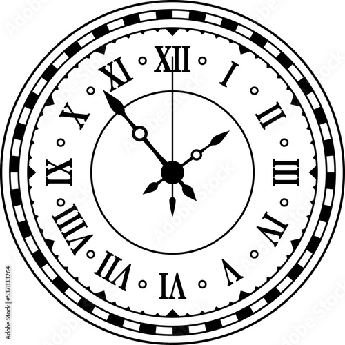 Retro wall clock Roman numerals black line monochrome vector vintage watch with ornamental arrows