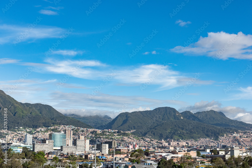 Bogotá, Colombia. May 23, 2022: Panoramic and urban landscape of the city with blue sky.