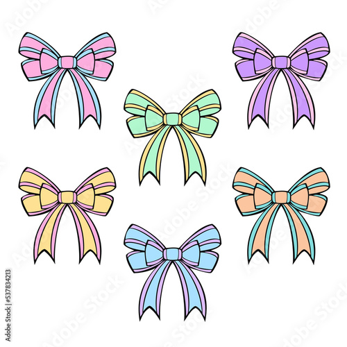 A set of colored icons, a large beautiful festive bow for a gift, pastel shades, vector
