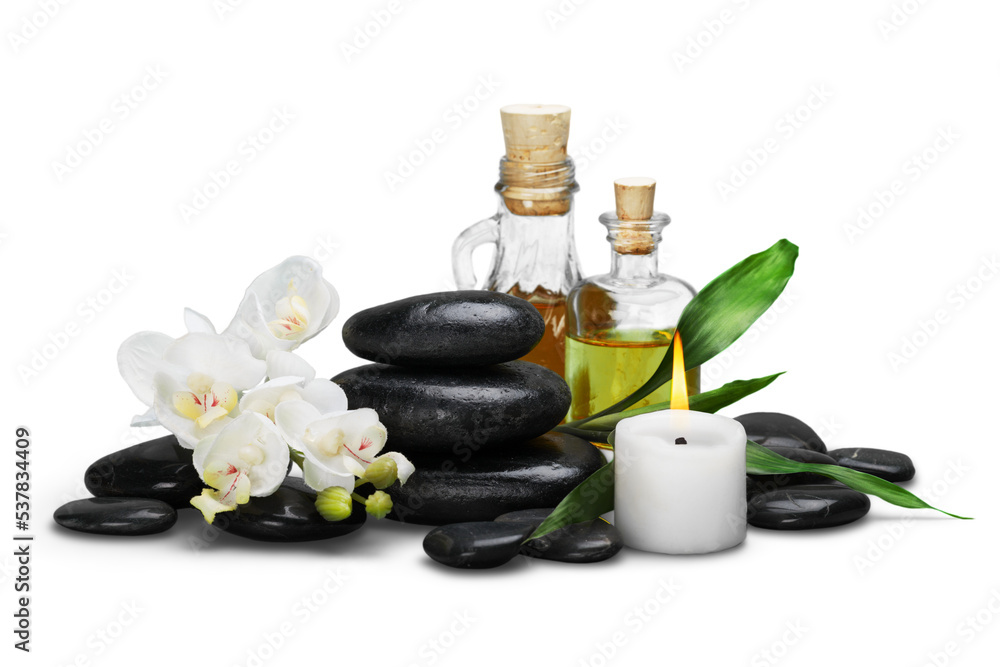 Zen basalt stones and aroma oil on the white Zen basalt stones and aroma oil on the white