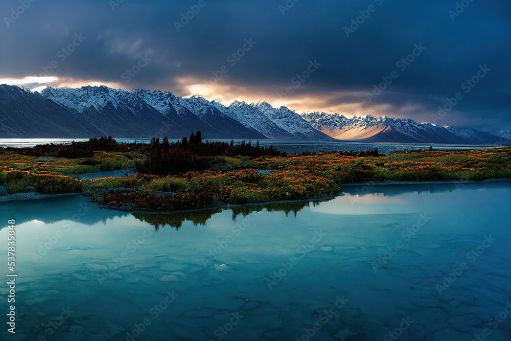 Mountains with snowy peaks on the shore of a beautiful lake. Abstract landscape Lake Tekapo New Zealand. 3d illustration
