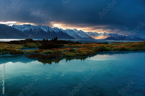 Mountains with snowy peaks on the shore of a beautiful lake. Abstract landscape Lake Tekapo New Zealand. 3d illustration 