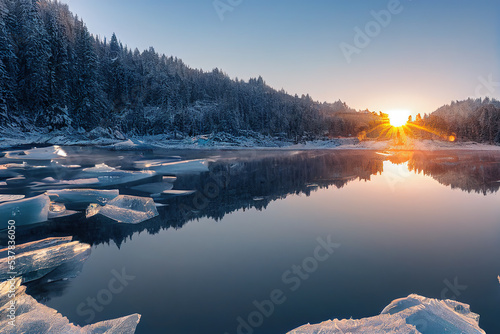 Beautiful landscape. Sunrise, lake with crystal clear wate and ice, rocky shoreline with some snow, large pine trees, craggy snow covered mountain range. 3d illustration