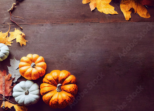 Happy thanksgiving, autumn decoration on on dark aged wood planks, pumpkin decoration, fallen autumn leaves, autumn floral decor, autumn fruits, warm colors