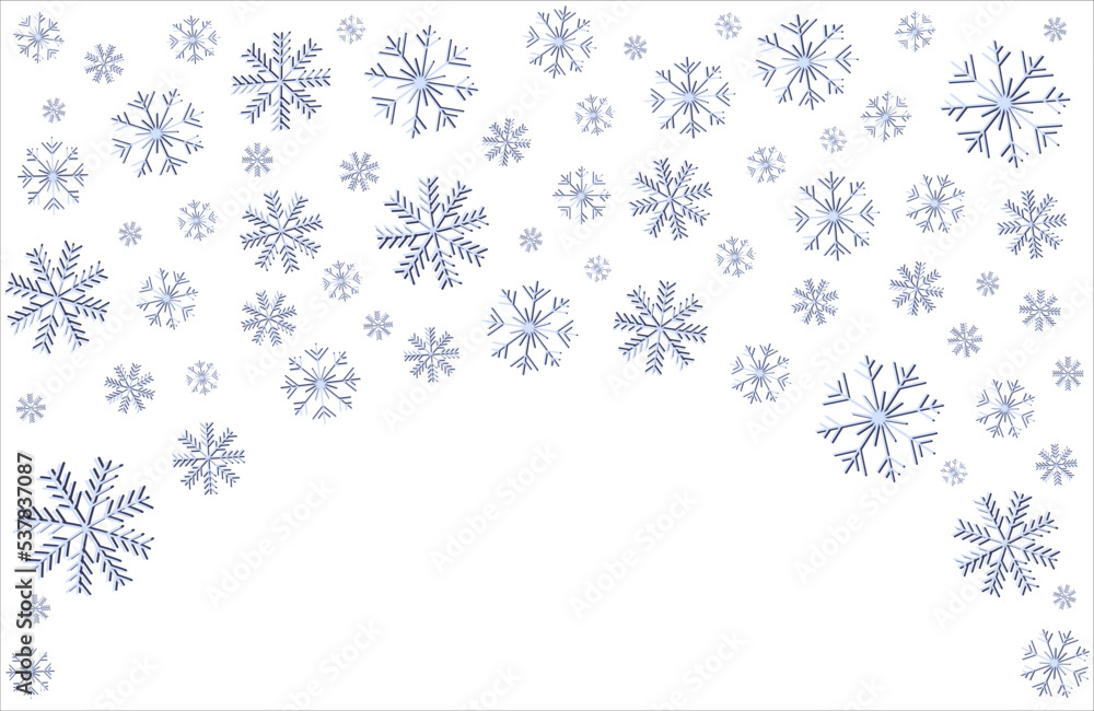 Snowflake arch Winter background template Different size snowflakes on white background Holiday vector illustration Isolated Horizontal design element